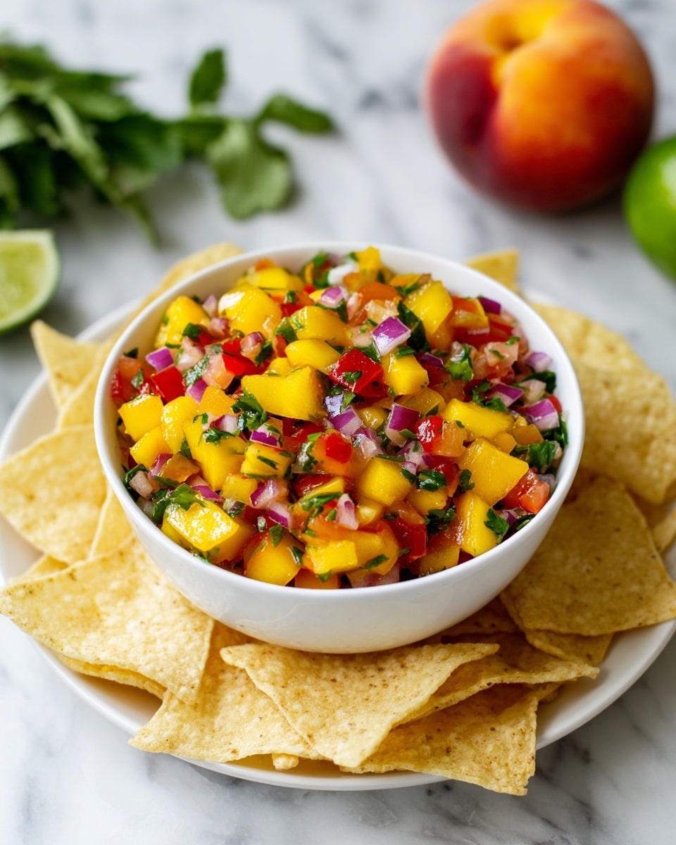 A white bowl filled with colorful salsa sits in the middle of a white plate. The salsa has small pieces of red tomato, yellow mango, red onion, green cilantro, and some tiny green chili bits mixed and spread evenly across the bowl. Around the bowl, the white plate holds large, light yellow tortilla chips with a slightly rough texture and small dark spots. In the background, to the side of the plate, there's a lime wedge and a peach on a white marbled surface. Near the top left corner, a green and white striped cloth is partially visible. The scene is bright and clean, focusing on the fresh and vivid colors of the salsa and chips photo taken with an iphone --ar 4:5 --v 7