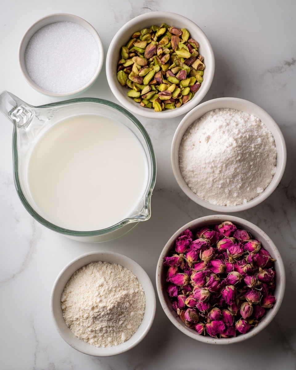 A clear glass measuring cup filled with smooth white milk sits on the left on a white marbled surface. To the right, there are five round white bowls arranged in a loose grouping: at the top left is a bowl filled with chopped green pistachios; at the top right, a bowl of fine white sugar; below the pistachios is a small empty white bowl; next to it, a bowl of white powder, likely flour or cornstarch; and at the bottom right, a bowl filled with dried pink rose petals. All the bowls have textured contents with distinct colors and rough or powdery surfaces, contrasting with the smooth milk and the sleek white marbled background. photo taken with an iphone --ar 4:5 --v 7