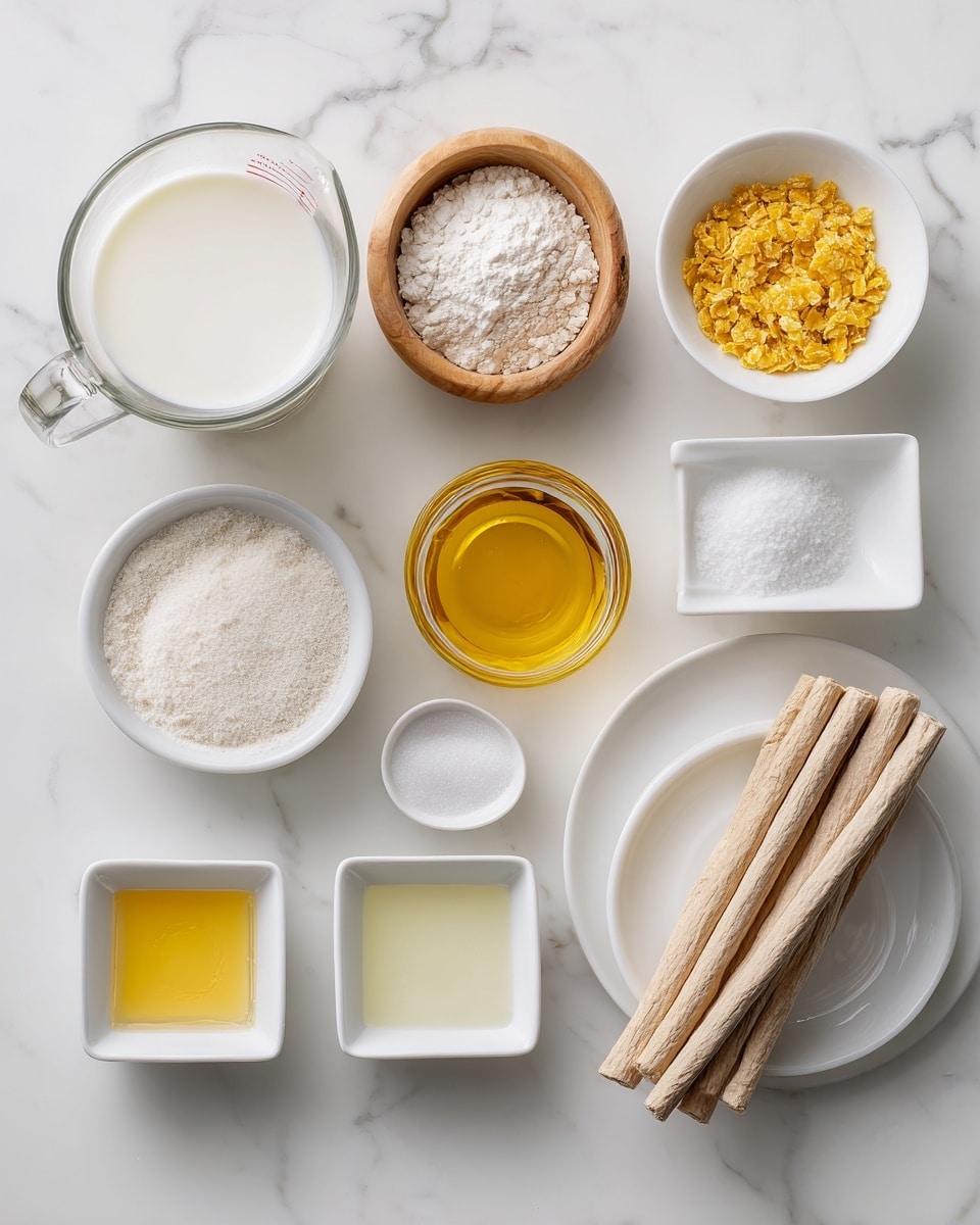 The image shows several ingredients placed on a white marbled surface. From top left, there is a glass measuring cup filled with milk, next to it a small wooden bowl with a white powdery ingredient, followed by a small white bowl with crushed yellow flakes, and a glass container filled with a golden liquid. Below these, there is a small white bowl with granulated white sugar, two small white square bowls – one with a clear liquid and one with a pale yellow liquid – and another small white square bowl with a white substance. At the bottom right, two sticks wrapped in light beige paper rest on a white plate. All items are neatly arranged with clear separation. Photo taken with an iphone --ar 4:5 --v 7