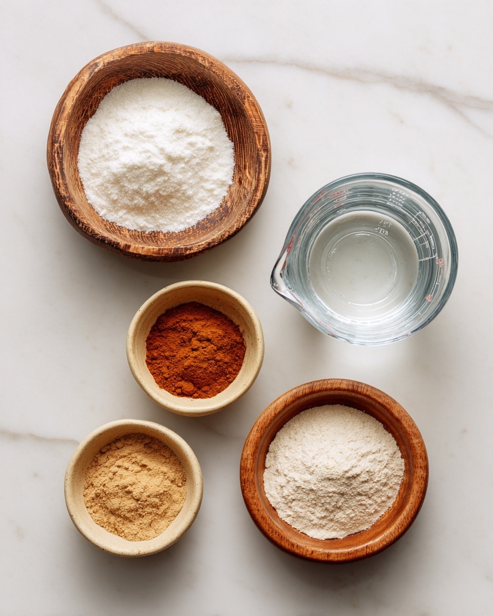 The image shows five containers arranged on a white marbled surface. At the top left is a round wooden bowl filled with a white granular substance, likely sugar. To the right of it is a small beige bowl filled with a reddish-brown powder, probably cinnamon. On the far right is a clear glass measuring cup filled with water. Below the cinnamon bowl and closer to the bottom left is another small beige bowl containing a light brown powder, possibly ground spice like nutmeg. Finally, at the bottom right is a round wooden bowl filled with a fine white powder, probably flour. The containers are neatly spaced and viewed from above, with natural lighting. photo taken with an iphone --ar 4:5 --v 7