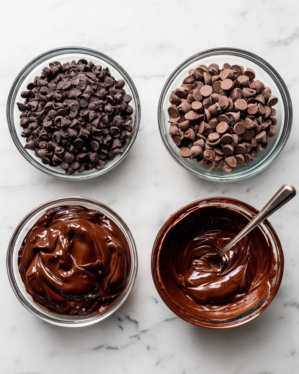 The image shows four clear glass bowls arranged in a 2x2 grid on a white marbled surface. In the first bowl (top left), there is a thick pile of dark brown chocolate chips. In the second bowl (top right), the chocolate chips look shinier and start to melt around the edges, showing a mix of glossy melted chocolate and solid chips. The third bowl (bottom left) displays most chocolate chips melted into a smooth, shiny dark brown chocolate base with a few chips still solid on top. The fourth bowl (bottom right) holds fully melted, glossy dark brown chocolate with a smooth texture, being stirred by a silver spoon partly visible in the bowl. Photo taken with an iphone --ar 4:5 --v 7