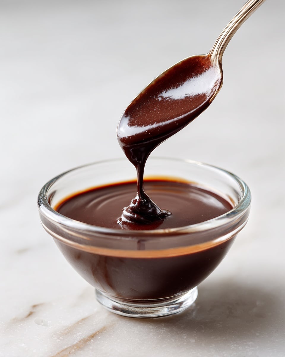 A clear glass bowl is filled with smooth, dark brown melted chocolate. Above the bowl, a spoon holds some chocolate that is slowly dripping down in a thin, shiny stream back into the bowl. The background shows a simple white marbled texture, making the rich color of the chocolate stand out. The photo is taken close up, focusing on the glossy texture and flow of the chocolate on the spoon. photo taken with an iphone --ar 4:5 --v 7