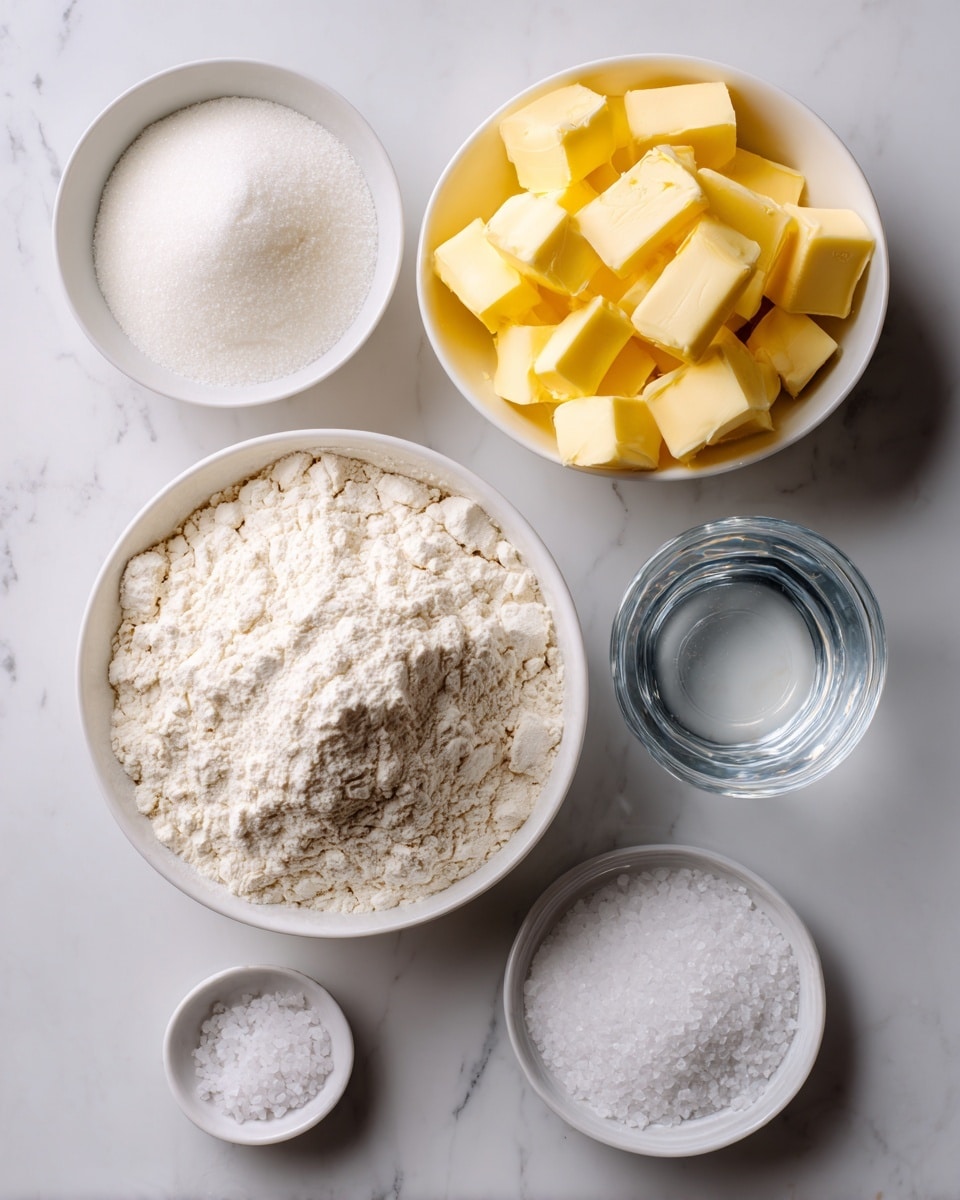 This image shows five bowls on a white marbled surface, each containing a different baking ingredient. The largest bowl in the center holds white flour with a slightly uneven pile. To its left, a white bowl is filled with evenly cut yellow butter cubes. Above the flour bowl, a smaller white bowl contains granulated white sugar. Below the butter, a small white bowl holds coarse salt crystals. Positioned to the right of the flour, a medium transparent glass bowl contains clear water. The arrangement forms a loose cluster with clear visibility of each ingredient’s texture and color. Photo taken with an iphone --ar 4:5 --v 7