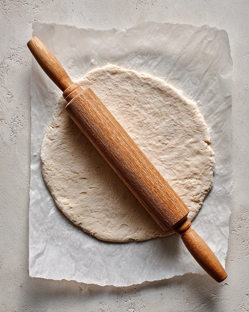 A light beige dough rolled out flat in a rough round shape on white parchment paper placed over a white marbled surface, with a smooth light brown wooden rolling pin lying horizontally across the center of the dough. The dough has soft, uneven edges and a slightly textured surface, showing it is freshly rolled. Photo taken with an iphone --ar 4:5 --v 7