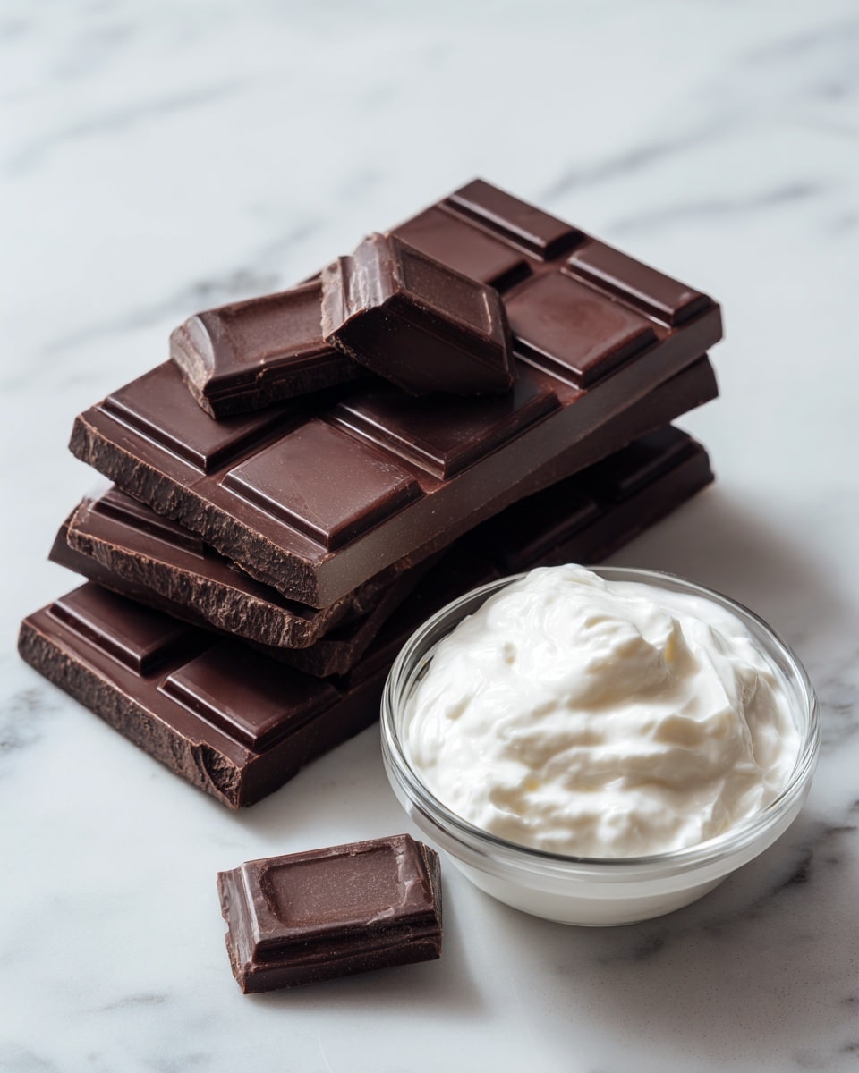 Two large dark chocolate bars stacked with two small dark chocolate pieces placed on top, sitting on the left side of a white marbled surface. On the right side, a clear measuring cup filled with white cream is placed. The scene is simple and clean, showing the contrast between the dark chocolate and the light cream, with soft natural light and no other items around. Photo taken with an iphone --ar 4:5 --v 7