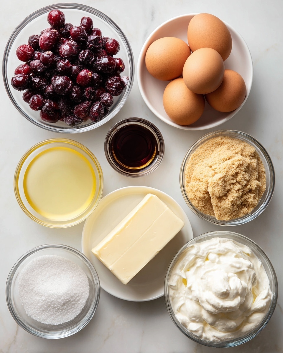 A white marbled surface holds several clear glass bowls and one white plate arranged neatly. From top left, a bowl filled with dark red and deep purple cranberries sits next to four brown eggs grouped together. Below the eggs is a tiny clear glass container with dark brown vanilla extract. Below that is a small glass bowl with pale yellow lemon juice. Center right shows a white plate with a pale yellow stick of butter, while near it is a bowl filled with light brown crushed graham crackers. To the right of the crackers is a small bowl of fine white salt. Center left has a bowl of white granulated sugar next to a bowl of soft white cream cheese, and below the sugar is a bowl of fluffy white whipped cream. The clean layout and bright lighting highlight the different textures and colors of the ingredients perfectly, photo taken with an iphone --ar 4:5 --v 7