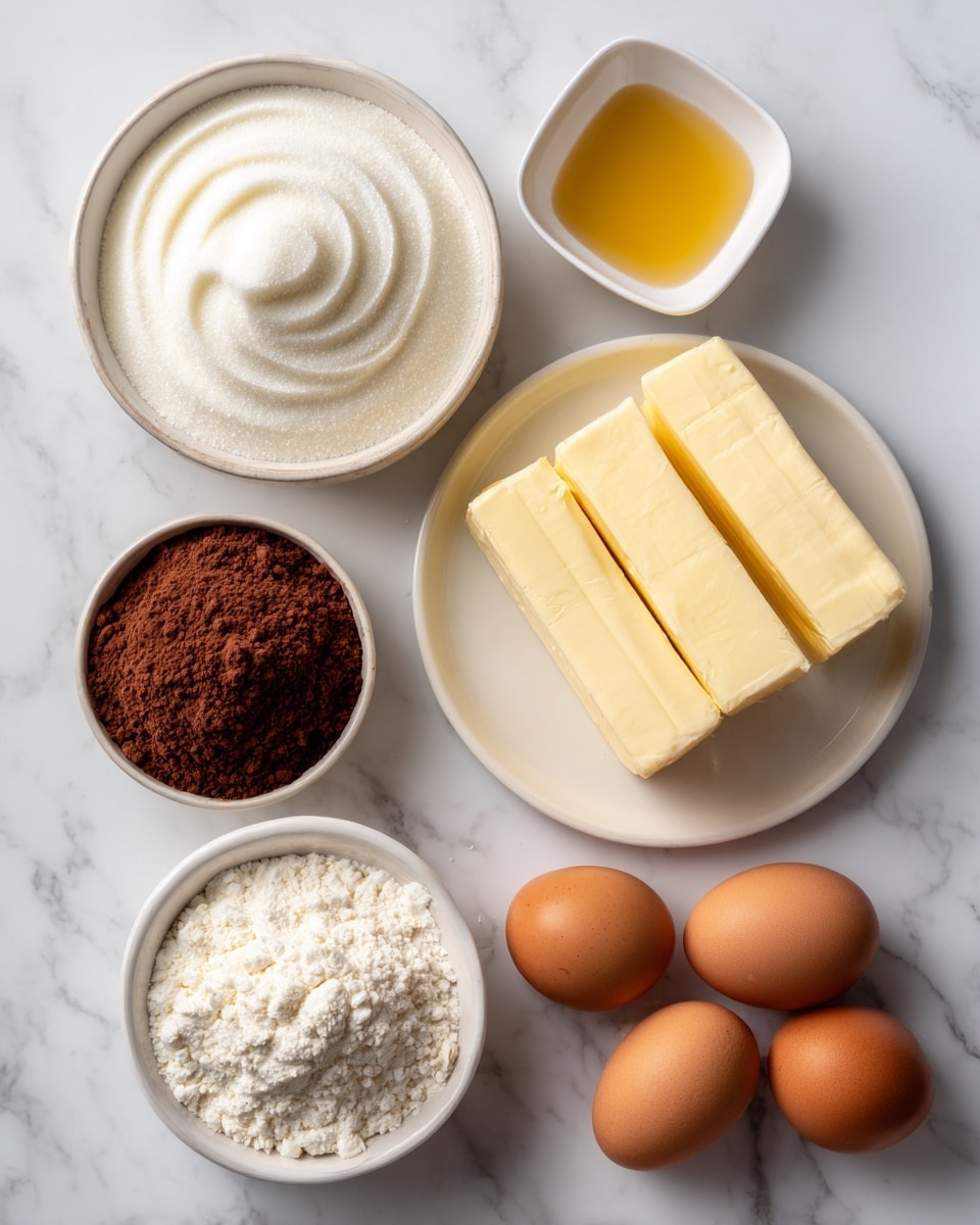 The image shows seven ingredients arranged neatly on a white marbled surface. In the top left, there is a round bowl filled with white granulated sugar with a smooth swirl texture. Close to the center at the top, a small square white bowl holds a golden liquid, likely vanilla extract. To the right, two sticks of pale yellow butter lie side by side on a white round plate. Below the sugar, a small white bowl contains white flour with a powdery texture. Next to it, a slightly larger white bowl is filled with rich brown cocoa powder, finely textured and mounded. On the bottom right, four brown eggs are placed in a loose cluster with smooth shells. The photo is clear and bright, taken with an iphone --ar 4:5 --v 7