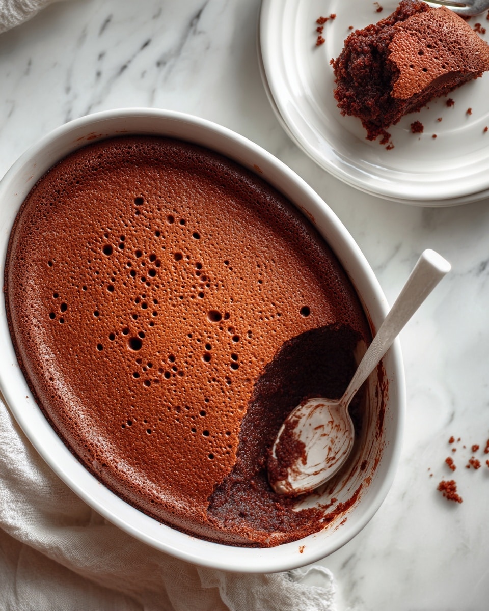 This image shows a white oval baking dish filled with a chocolate dessert that has a smooth, slightly bumpy top layer in light brown. One scoop has been taken out from the top right side, revealing a rich, dark brown, moist and dense inner layer beneath. A spoon with a cream-colored handle rests in the scooped part, holding a small portion of the dark chocolate inside. In the upper right corner, there is a white round plate with a serving of the dessert, showing the same two layers. The dish and plate are placed on a white marbled surface. Photo taken with an iphone --ar 4:5 --v 7