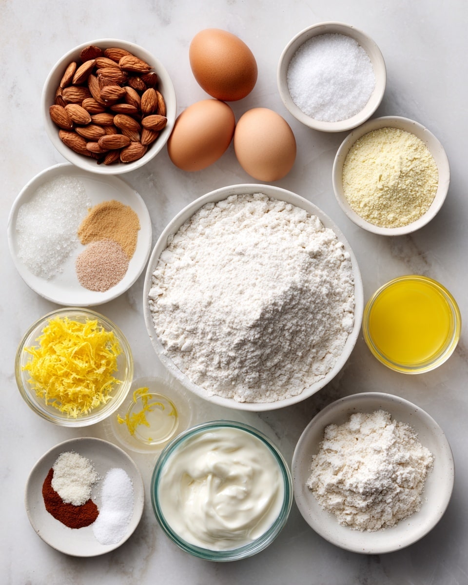 A top-down view of multiple bowls and small plates arranged on a white marbled surface, containing various baking ingredients. In the center, there is a large white bowl filled with white flour. Around it are smaller white bowls and plates: one with sliced almonds, one with two brown eggs, one with white sugar, one with light brown powder, one with a yellow liquid, one with thick white yogurt or cream, and others with white powders and a few small mounds of light brown spices. One small clear bowl contains bright yellow lemon zest. The bowls and plates are neatly spaced and show a variety of soft, powdery, and solid textures. Photo taken with an iphone --ar 4:5 --v 7