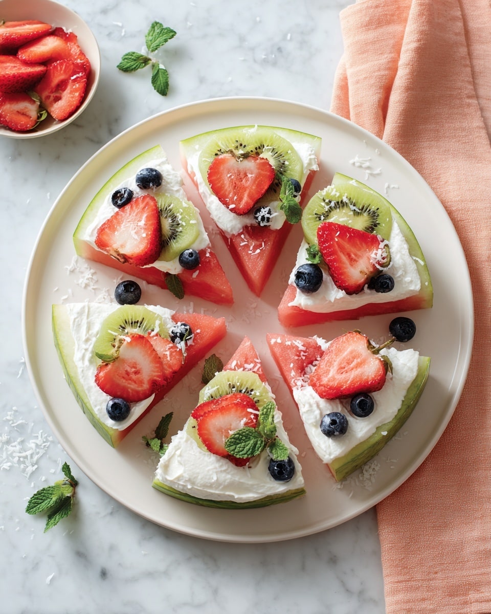 A round slice of watermelon acts as the base layer, showing green rind and a light pink center. On top is a thick white layer of creamy ricotta cheese spread evenly. The pizza is cut into eight slices. Each slice is decorated with thin green slices of kiwi, bright red strawberry halves, small dark blue blueberries, and fresh green mint leaves scattered across. Small white flakes of coconut are sprinkled over the top. The watermelon pizza sits on a white plate, placed on a white marbled surface. Photo taken with an iphone --ar 4:5 --v 7
