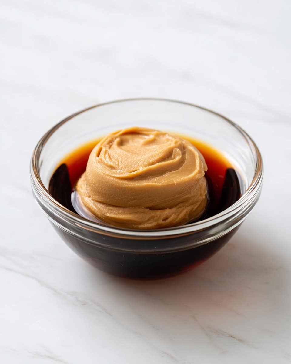 A clear glass bowl sits on a white marbled surface, holding two main layers: a thick, smooth, light brown peanut butter layer shaped into a rounded mound in the center, and a dark amber liquid layer of syrup surrounding the peanut butter in the base of the bowl, creating a glossy contrast around the soft texture. The lighting highlights the shiny, creamy texture of the peanut butter and the syrup’s reflective surface. photo taken with an iphone --ar 4:5 --v 7