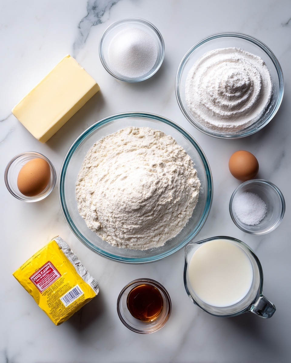 Several baking ingredients are laid out on a white marbled surface. At the center, there is a large clear glass bowl filled with white flour, which has a swirl pattern on top. To the right and slightly above, there is a medium clear glass bowl filled with powdered sugar, also with a swirl on the surface. Above the flour bowl is a small glass bowl with granulated sugar. To the left of the flour bowl is a stick of butter in its wrapper. At the bottom right is a clear glass measuring cup filled with milk. Above the milk, to the right of the flour bowl, there is a small glass bowl with a single brown egg. Below the sugar bowl, there is a small glass bowl with vanilla extract, dark amber in color. Below the butter, there is a tiny clear glass bowl with salt. At the bottom left corner, there is a yellow packet of dry yeast with red and black lettering. photo taken with an iphone --ar 4:5 --v 7
