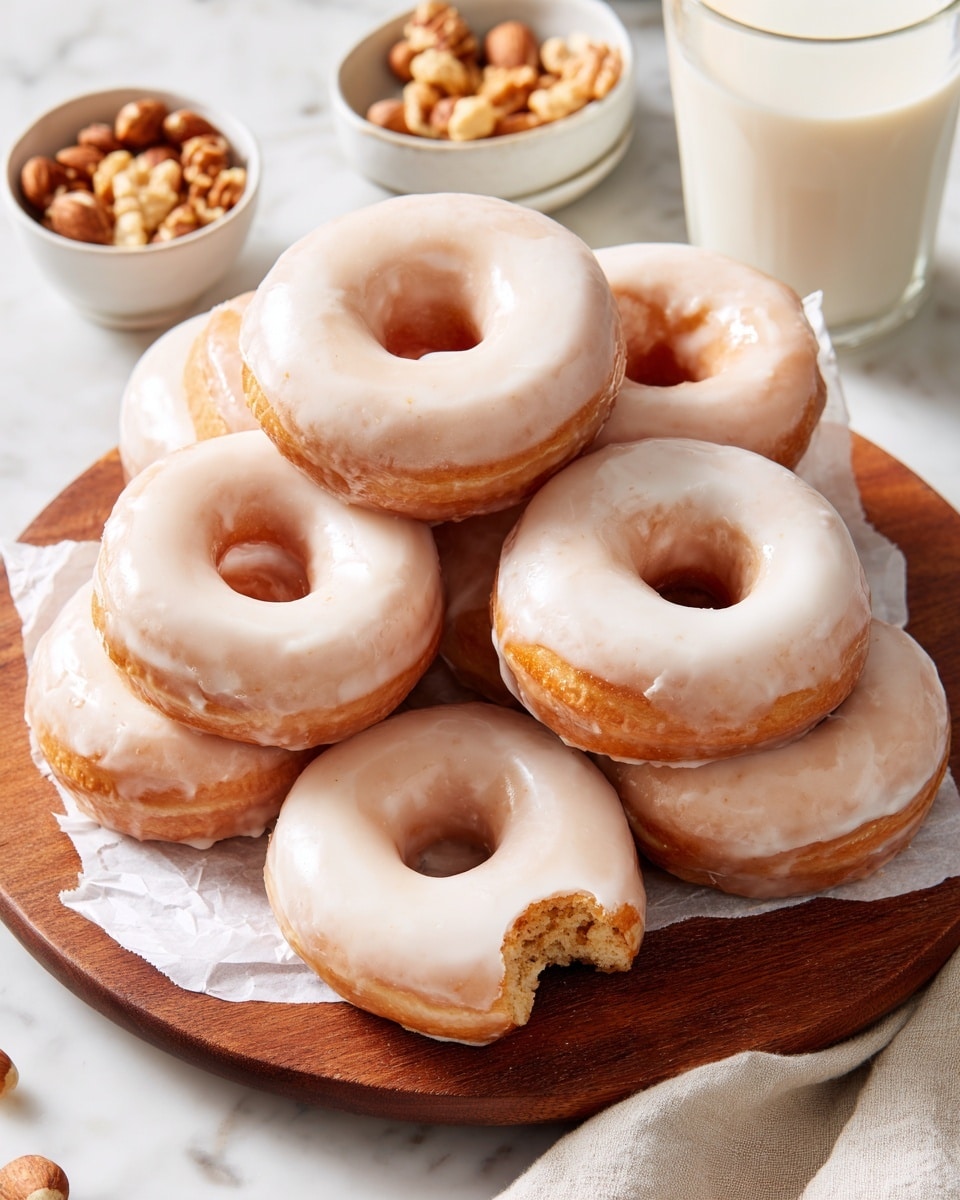 A round wooden board holds a layer of crumpled white parchment paper topped with a pile of ten glazed donuts, each donut having a shiny light brown surface with a smooth white icing glaze that softly drips down the sides, showing a soft and moist texture underneath. Around this board, there is a white bowl of small round nuts or fruits, a glass of white milk, and two more white glasses filled with milk on a white marbled surface. On the bottom right, a donut is broken into two pieces showing its soft, spongy inside. Photo taken with an iphone --ar 4:5 --v 7