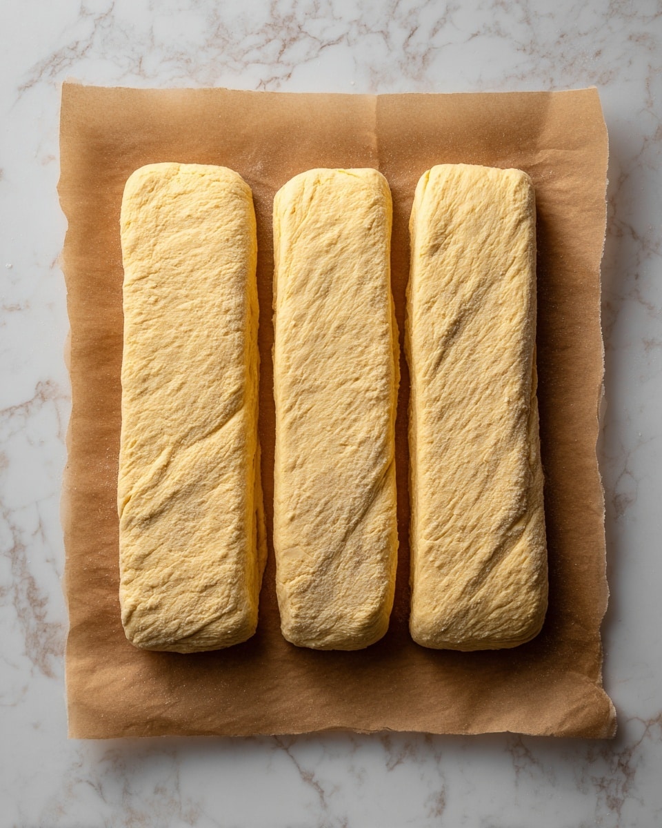 The image shows three long, rectangular dough pieces placed side by side on a sheet of brown parchment paper. The dough has a light yellow color with a slightly rough texture, and each piece is evenly thick with smooth edges. The parchment paper rests on a white marbled surface. Photo taken with an iphone --ar 4:5 --v 7