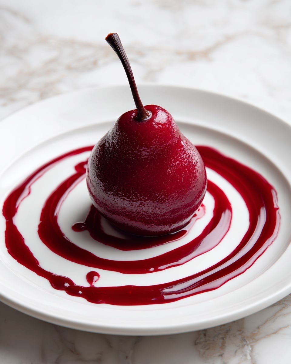 A whole cooked pear with a smooth, deep red skin sits in the center of a white plate. Surrounding the pear is a swirl of red syrup that spreads out unevenly in concentric circles, contrasting with the plate's clean, white surface. The pear's stem is brown and slightly curved, adding a natural touch. The plate rests on a white marbled surface, enhancing the simplicity and richness of the colors in the dish. photo taken with an iphone --ar 4:5 --v 7