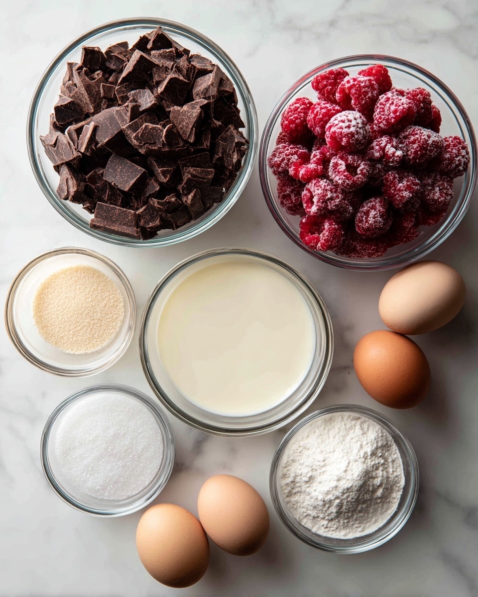 The image shows seven clear glass bowls and two brown eggs placed on a white marbled surface. In the largest bowl at the top right, there is a layer of frozen raspberries, deep red with frosty texture. To its left, a large bowl filled with dark brown, rough chopped chocolate pieces. Below the chocolate, a medium bowl holds creamy white liquid, smooth and glossy. At the center bottom, a small bowl contains fine white sugar, granular and bright. To the left of this is a tiny bowl with a pale beige powder. Beside the sugar bowl are two smooth brown eggs. At the bottom right is a tiny bowl with white powder, fine and soft. photo taken with an iphone --ar 4:5 --v 7