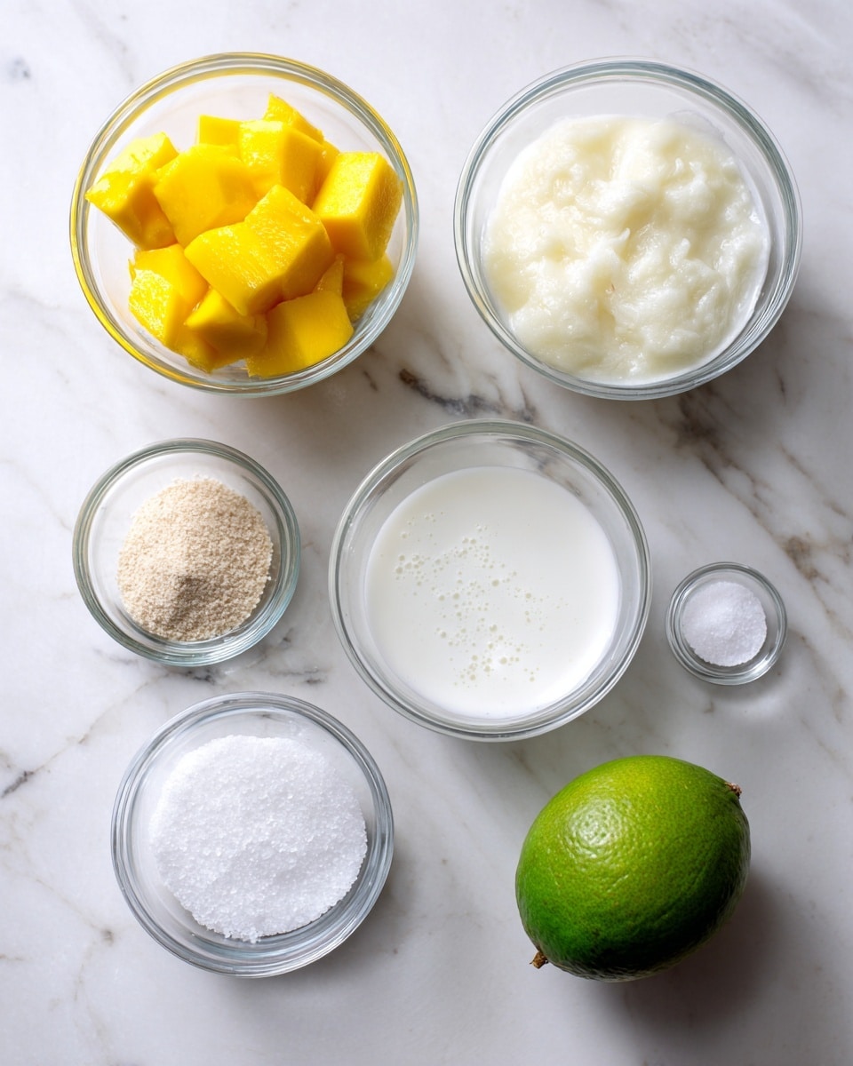 The image shows six glass bowls and one whole green lime arranged on a white marbled surface. In the top left, a clear glass bowl holds bright yellow mango pieces, cubed and fresh. Next to it on the right is a larger clear glass bowl filled with creamy off-white liquid with a slightly foamy texture. Below that bowl is another of similar size, containing pure white liquid with a smooth, slightly bubbly surface. In the center between these two liquids is a small glass bowl with dry, light beige powder. Below that is another small glass bowl filled with white granulated sugar, and next to it on the right is a similar small bowl, holding fine white salt. A whole green lime rests on the marbled surface to the right of the salt bowl. The photo taken with an iphone --ar 4:5 --v 7