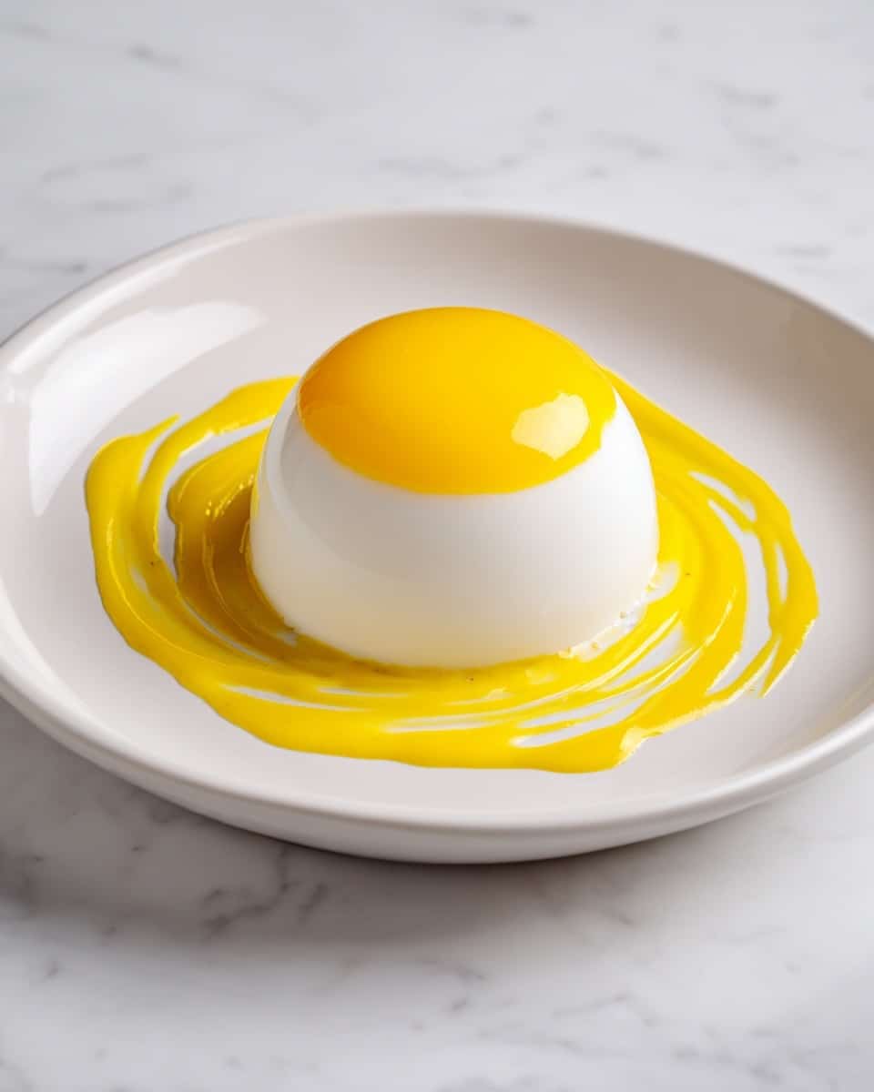 A white, round dome-shaped dessert sits in the center of a white plate, topped with a thick layer of bright yellow sauce that smoothly flows down the sides. Around the base of the dome, the same yellow sauce forms a large, irregular circular pattern on the white plate, creating a vibrant contrast with the creamy white dessert. The texture of the dome is smooth and glossy, while the yellow sauce appears slightly translucent and shiny. The whole scene is set on a white marbled surface. photo taken with an iphone --ar 4:5 --v 7