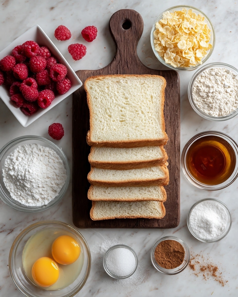 Four slices of white bread are stacked and placed vertically on a dark wooden board with a handle, set on a white marbled surface. To the upper left of the board is a small white square bowl filled with bright red raspberries. To the upper right of the board are two glass bowls, one filled with golden corn flakes and the other with white powdery flour. Below these bowls is a small transparent bowl with two cracked eggs showing bright yellow yolks in clear egg whites. At the bottom left of the image, there is a larger glass bowl filled with white granulated sugar, and just above it, there is a tiny glass bowl containing amber-colored vanilla extract. To the right of these are three small bowls with white baking powder, white salt, and brown cinnamon powder, all arranged on the white marbled surface with a few scattered raspberries and corn flakes around. Photo taken with an iphone --ar 4:5 --v 7