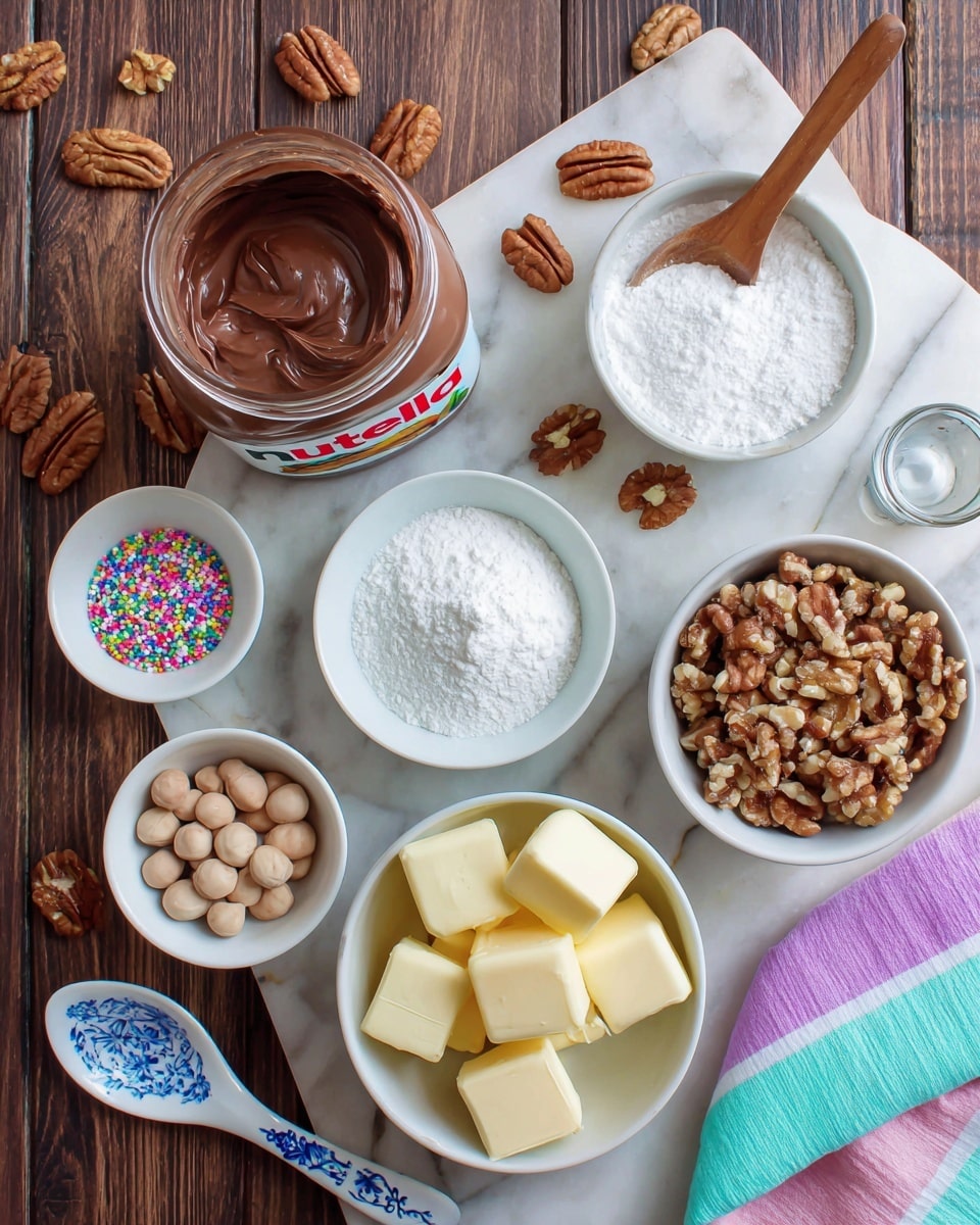 A jar of Nutella with a white lid lies on a dark wooden surface with walnuts scattered around. Next to the jar, on the right, is a white bowl full of walnut pieces. Below this bowl, there is a white bowl with white powdered sugar and a wooden spoon inside it. To the left of the powdered sugar bowl is a small white bowl with pecans, and below it a small white bowl filled with round, light brown hazelnuts. Next to the hazelnuts, a larger white bowl holds many cubes of light yellow butter. A tiny white bowl with colorful sprinkles is and a small container with a dark liquid also appear on the white marbled surface. A white spoon with blue patterns rests on the surface near the sprinkles, and a striped cloth with pastel pink, turquoise, and purple stripes is partly visible on the right edge. Photo taken with an iphone --ar 4:5 --v 7