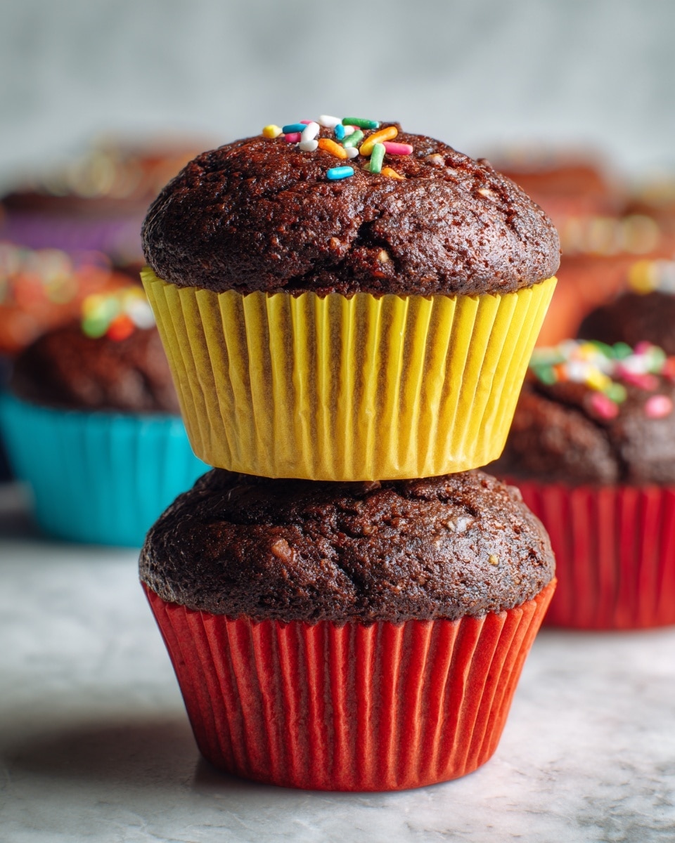 The image shows two stacked cupcakes with a close-up focus. The bottom cupcake is in a red liner with a slightly rough, textured dark brown top visible around the edges. The top cupcake is in a yellow liner and has a smooth, soft-looking light brown surface. Scattered across the top are small, colorful sprinkles in orange, blue, green, white, and yellow. The background is out of focus with a white marbled texture underneath the cupcakes. Photo taken with an iphone --ar 4:5 --v 7