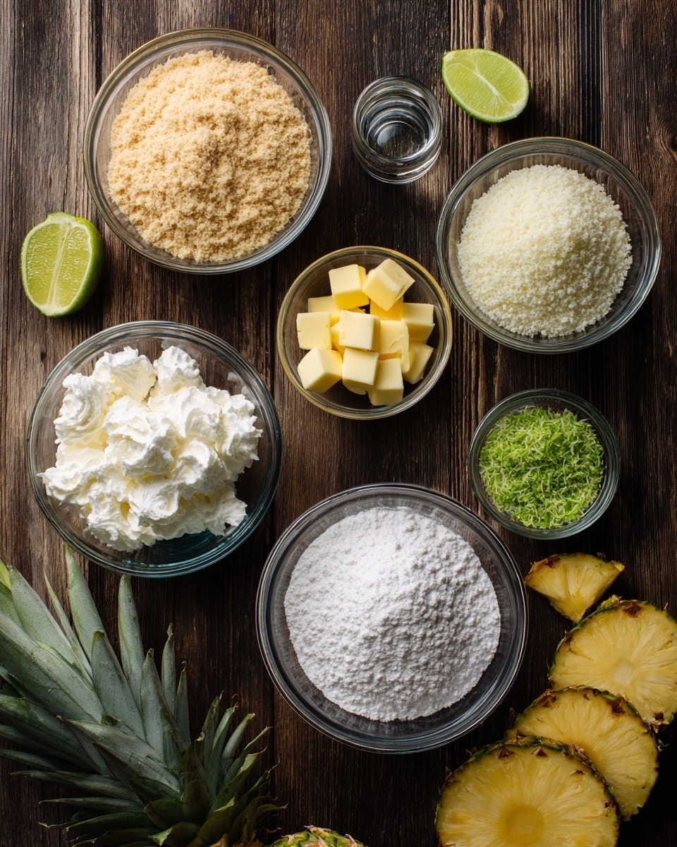 The image shows several clear glass bowls filled with ingredients set on a dark brown wooden surface with pieces of pineapple and lime around them. The largest bowl at the bottom right contains a white powder, likely flour, next to a slightly smaller bowl with white fluffy cream or whipped topping. Above that is a bowl with finely crushed crumbs in a light tan color. Another bowl contains diced yellow butter cubes, while a small bowl in the middle holds finely grated green lime zest. There is also a slice of lime and a small glass with clear liquid near the bowls. The pineapple top and slices of pineapple add a fresh touch on the sides. Photo taken with an iphone --ar 4:5 --v 7
