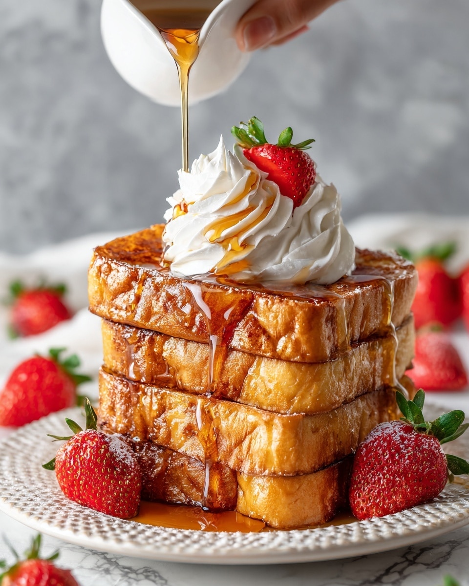 A stack of three thick golden brown slices of French toast sits on a white plate with a detailed edge, placed on a white marbled surface. The toast looks crispy around the edges and soft inside. On the top slice, there is a swirl of white whipped cream with a bright red half strawberry, fresh and juicy, placed on it. A woman's hand is pouring shiny golden syrup over the top toast slice, with the syrup dripping down its sides. Several halved strawberries surround the toast on the plate, adding a splash of red color. The background is softly blurred, focusing on the stack of French toast in the front. Photo taken with an iphone --ar 4:5 --v 7