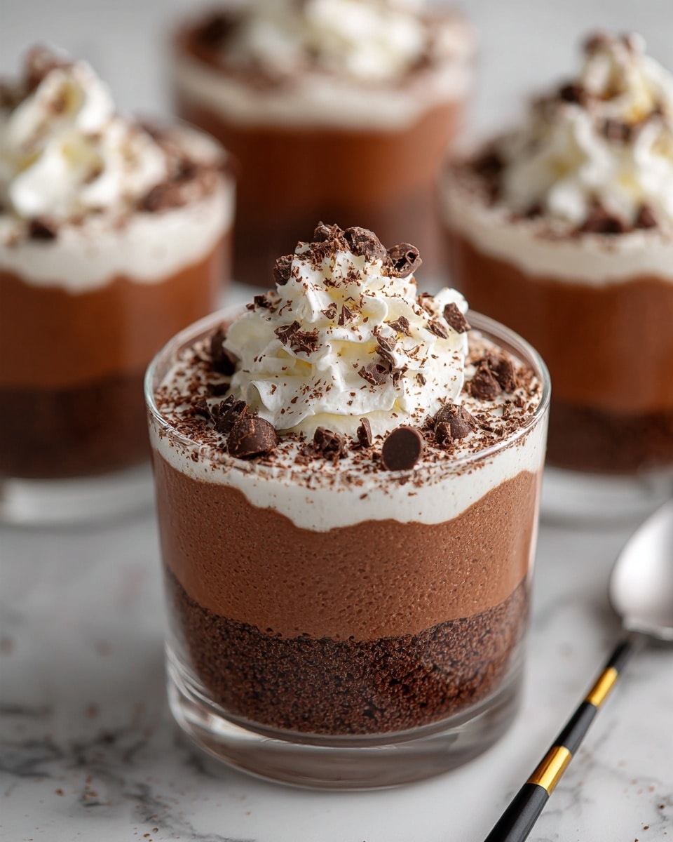 A clear glass dessert cup holds three layers: the bottom is a smooth chocolate mousse with a light brown color, the middle is a thicker dark brown mousse that fills most of the cup, and the top layer is dusted with fine cocoa powder scattered with small dark chocolate pieces. At the center on top, there is a swirl of white whipped cream sprinkled with more cocoa powder. The dessert is set against a white marbled surface with blurred similar cups in the background, along with pieces of dark chocolate and a spoon with a black and gold handle near the cup. Photo taken with an iphone --ar 4:5 --v 7
