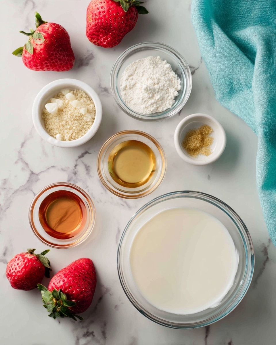A top view of a clear glass bowl filled with a smooth white liquid on the right, next to four small white and clear glass bowls arranged in a loose arc. The bowls contain a white powder, a golden granulated substance, a light brown liquid, and one bowl is empty. There are fresh red strawberries, some whole and some halved, scattered at the top left and bottom right corners. The setup is on a white marbled surface with a folded turquoise cloth in the top right corner. Photo taken with an iphone --ar 4:5 --v 7