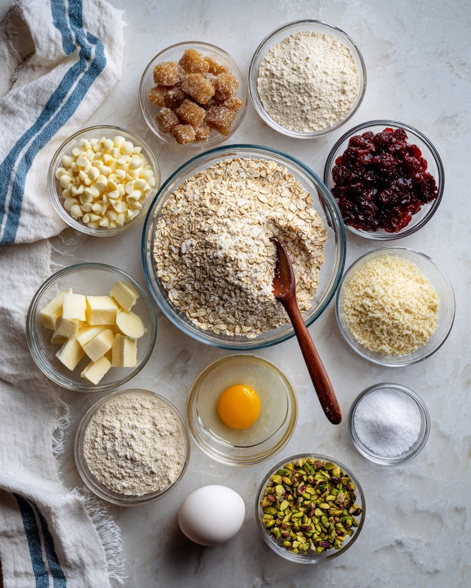 A set of clear glass bowls arranged on a white marbled surface forms a circle with a large bowl of light beige oats in the middle, which has a wooden spoon with a dark handle resting inside. Around the oats are smaller bowls containing golden brown sugar, pale yellow white chocolate chips, dark red dried berries, light yellow cubed butter, white flour, bright green shelled pistachios, a cracked egg yolk in clear liquid in a small bowl, and a white egg. There is also a small dish with white salt near the egg. A white cloth with blue stripes is partially visible on the left side. photo taken with an iphone --ar 4:5 --v 7