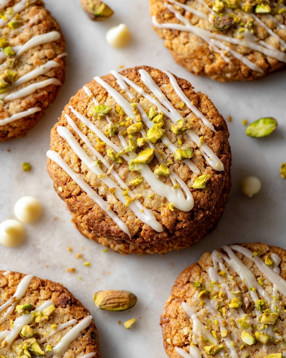 The image shows a close-up of a single round cookie with a rough, golden-brown texture on a white marbled surface. The cookie has a base layer of baked dough with visible small bits of nuts and dried fruit inside. Over the top, there is a layer of white icing drizzled in a random, crisscross pattern. Scattered on the icing are small pieces of bright green pistachio nuts, adding a pop of color and texture contrast. Around the main cookie, there are a few loose pistachio nuts and dried fruit pieces, along with some white chocolate pieces placed near it. photo taken with an iphone --ar 4:5 --v 7