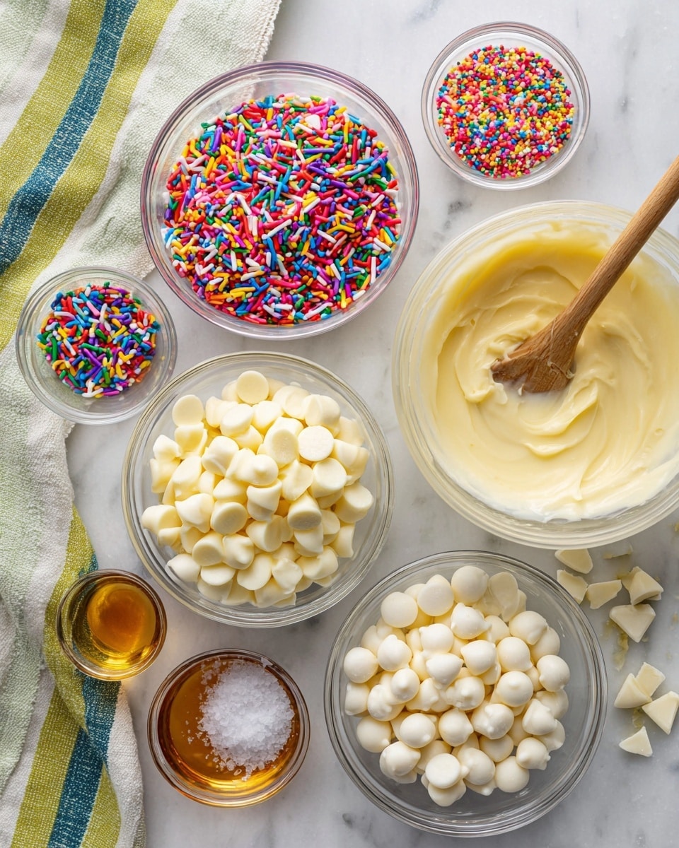A top view of six small transparent bowls placed on a white marbled surface, containing colorful rainbow sprinkles, creamy white chocolate chips, smooth pale yellow condensed milk with a wooden spoon resting in it, clear vanilla extract with a golden brown color, and coarse white sea salt. The sprinkles bowl is on the top left, filled with vibrant cylindrical sprinkles in red, yellow, blue, green, pink, white, purple, and brown. The white chocolate chip bowl is at the bottom left, showing many round chocolate chips slightly shiny with a soft cream color. The condensed milk bowl is large and fills the top right, creamy pale yellow with a smooth texture, and the wooden spoon adds a warm brown color inside. Smaller bowls with vanilla extract and sea salt are toward the bottom right. Some sprinkles and white chocolate chips are scattered around the bowls. A towel with green, yellow, blue, and white stripes is partly visible on the far left. Photo taken with an iphone --ar 4:5 --v 7
