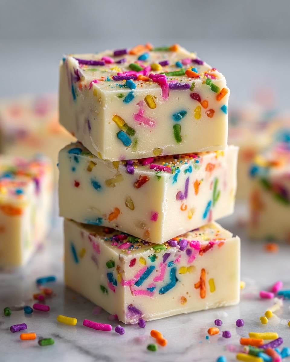 A stack of four square pieces of pale cream fudge is shown close up on a white marbled surface. Each fudge piece is smooth and thick, with colorful small sprinkles in bright colors like red, yellow, green, blue, purple, pink, and white scattered on top and mixed inside the fudge. The edges of the fudge are sharp and clean. The background is softly blurred with warm tones. Photo taken with an iphone --ar 4:5 --v 7