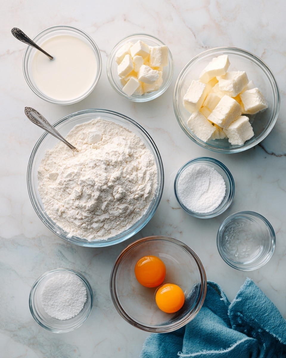 The image shows a white marbled surface with seven small clear glass bowls arranged closely. The largest bowl holds white flour with a silver spoon inside. To the top left is a bowl of white liquid, likely milk. To the upper right, a bowl contains small white butter cubes. Below these, smaller bowls hold a clear liquid, salt, white granulated sugar, and white baking powder. At the bottom right, a bowl holds two raw eggs, the bright orange yolks visible inside. A blue cloth is partially visible on the left side. Photo taken with an iphone --ar 4:5 --v 7