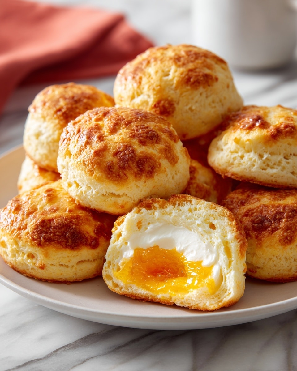 A close-up view of a biscuit sandwich shows two layers: the bottom biscuit is light golden brown with a rough baked texture, topped with a thick layer of white cream cheese, and finished with a bright orange jam that drips slightly down the biscuit sides. Surrounding the sandwich are more whole biscuits with a similar golden brown, slightly crispy outer layer. All the biscuits sit on a white plate on a white marbled surface, with a blue cloth visible in the bottom corner. In the blurry background, containers of cream cheese and jam add color. Photo taken with an iphone --ar 4:5 --v 7