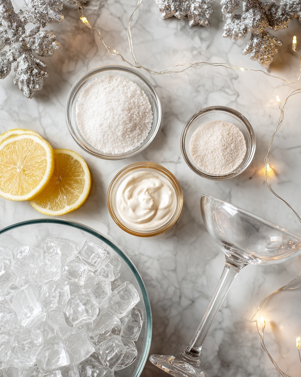 The image shows a white marbled surface with three lemon wedges placed near the top left and bottom right corners. On the surface, there are four small clear glass bowls: the top left bowl contains coarse white salt, the top right bowl has a small amount of white cream, the bottom right bowl holds fine white sugar, and the bottom left bowl is filled with a light brown liquid, possibly syrup. In the center right part of the image, there is an empty clear glass champagne coupe lying on its side. Near the bottom left, there is a larger clear bowl filled with ice cubes. The background includes silver and green decorative elements resembling winter or holiday decor with small warm white string lights around the items. Photo taken with an iphone --ar 4:5 --v 7