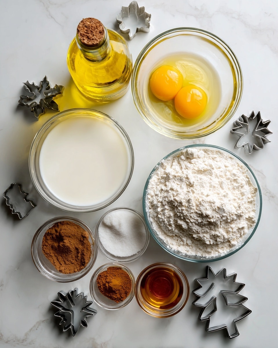 The image shows cooking ingredients neatly placed on a white marbled surface. At the top left, there is a yellow bottle of high oleic safflower oil lying down. Next to it, on the right, is a clear bowl with two raw eggs, showing yellow yolks and clear whites. Below the eggs, there is a medium clear bowl filled with white flour, and to its left is a larger clear bowl filled with white milk. Around these main items are small clear bowls holding different ingredients: one with a heap of brown cinnamon powder, one with a pinch of salt, one with granulated sugar, and one with amber liquid vanilla extract. Scattered around the bowls are four silver metal cookie cutters in shapes including a snowflake, a tree, and a flower. Photo taken with an iphone --ar 4:5 --v 7