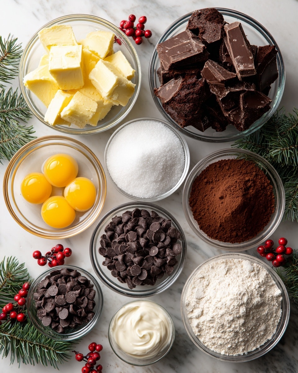 Several small clear glass bowls are arranged on a white marbled surface, each holding different baking ingredients. At the top center is a bowl with large chunks of dark brown chocolate. To the left is a bowl filled with yellow butter cubes, and below it a bowl with white sugar. In the middle, a bowl contains five raw eggs with bright yellow yolks and clear whites. To the right of the eggs, there's a bowl of dark brown cocoa powder and a white creamy mixture in another bowl below it. Near the bottom center, a bowl is filled with dark round chocolate chips, and beside it is a bowl of white flour. Scattered green pine sprigs and red berry decorations add a festive touch around the bowls. Photo taken with an iphone --ar 4:5 --v 7