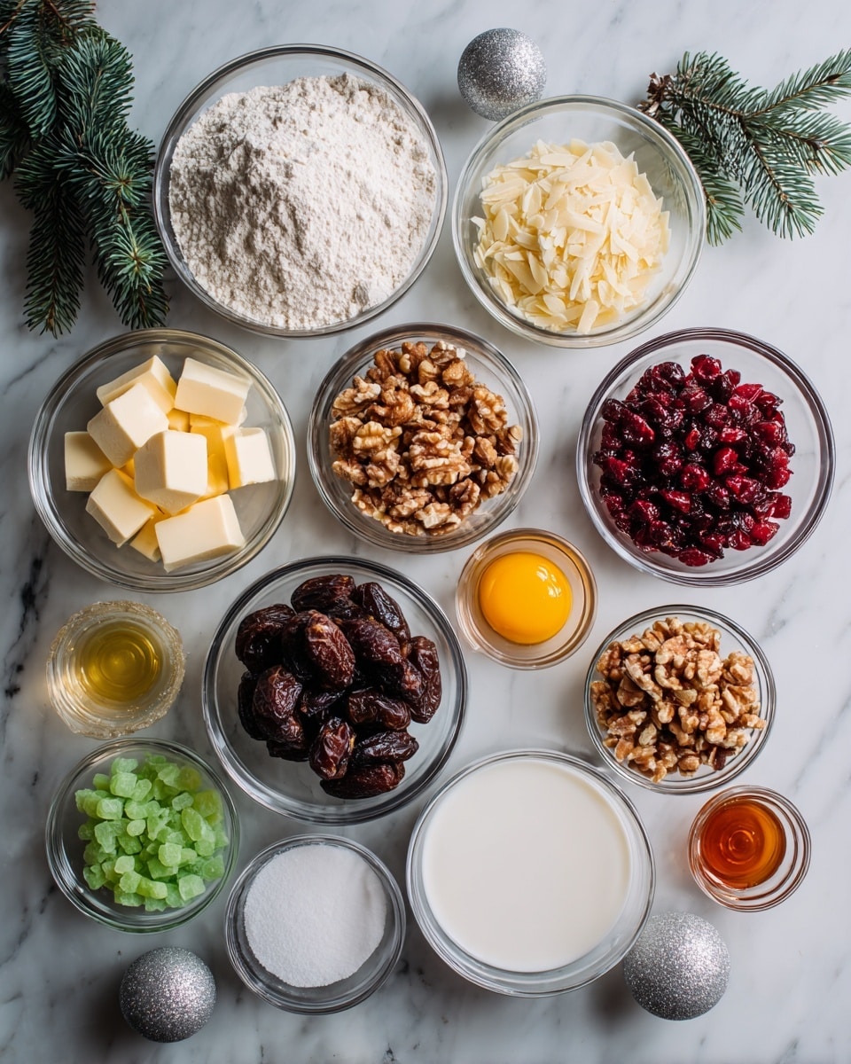 The image shows 16 clear glass bowls arranged closely on a white marbled surface, each holding different baking ingredients. Starting from the top left, there is a large bowl of white flour, to its right a similarly sized bowl filled with white sugar, and next to that is a smaller bowl with pale yellow sliced almonds. Moving down, a bowl of brown raisins is next to a bowl of bright red cherries, then a bowl with green candied fruit pieces. Below, there is a bowl of chopped dark brown dates, next to a large bowl of white milk, and a small bowl with a yellow egg yolk in clear liquid. At the bottom left, cubes of pale yellow butter are in a bowl next to chopped walnuts, dried cranberries in another bowl, small bowls with salt, baking powder, and bright orange grated zest, and a small bowl of amber liquid, possibly vanilla extract. A few green pine sprigs and a silver Christmas ornament decorate the scene. Photo taken with an iphone --ar 4:5 --v 7