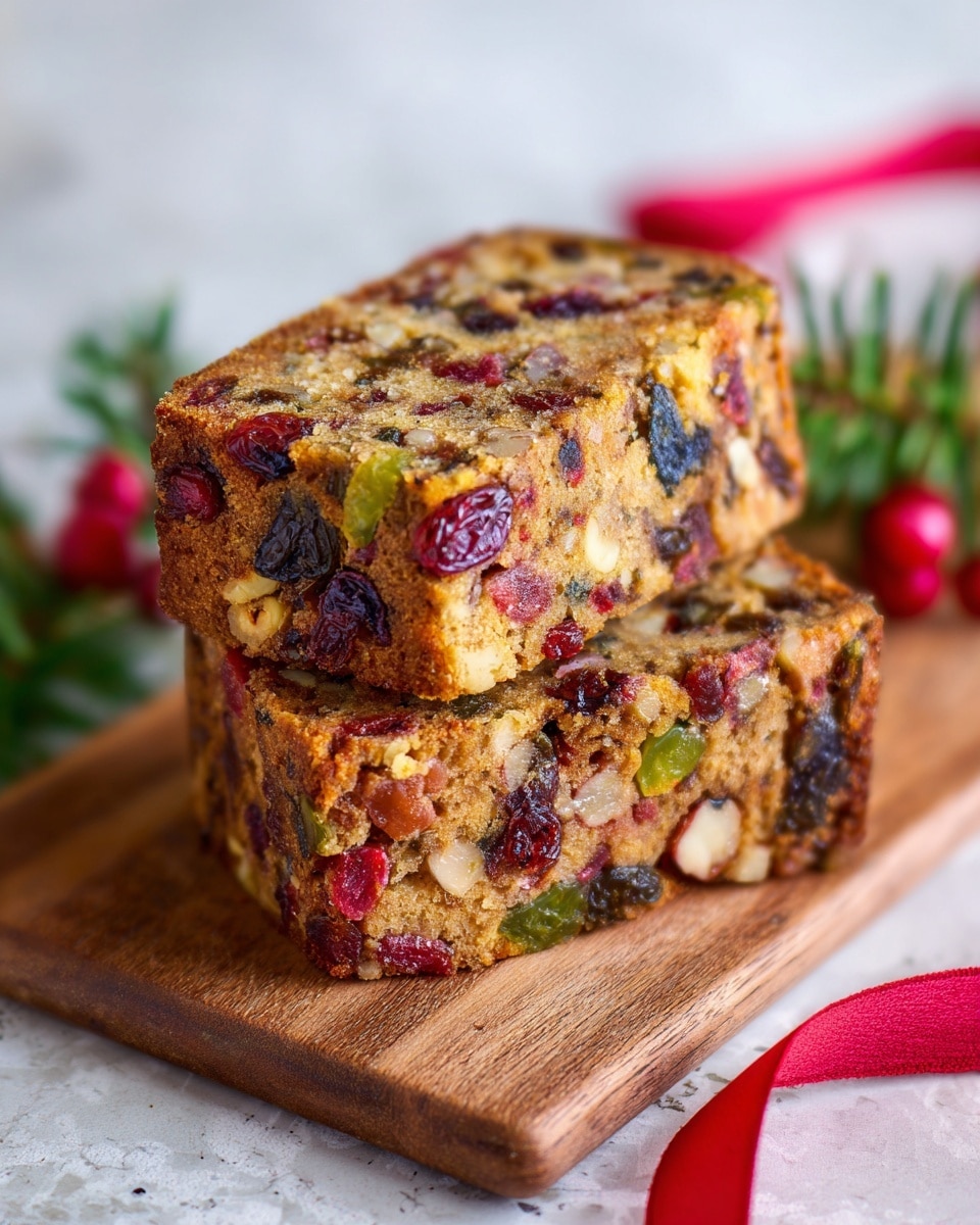 The image shows two slices of fruitcake placed on a light wooden board over a white marbled surface, with one slice stacked slightly on top of the other. Each slice has a dense texture filled with multiple colorful bits of dried fruits and nuts, including dark raisins, bright green pieces, red cherries, and light brown nuts scattered evenly throughout the golden-brown cake. The edges of the slices are slightly rough and golden, giving a baked, homemade look. A small red decoration is partially visible on the left, and some green pine leaves frame the bottom right corner of the image. photo taken with an iphone --ar 4:5 --v 7