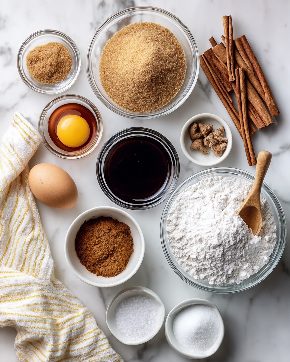 A top view of clear glass bowls arranged on a white marbled surface holding different baking ingredients. Large bowl on the right has white flour with a wooden spoon inside, next to it on the top right are three cinnamon sticks placed diagonally and a striped yellow and white cloth. Above the flour bowl is a medium bowl filled with light brown sugar, below it is a smaller bowl with dark brown liquid, possibly vanilla or molasses. Near the center is a small bowl with a cracked raw egg, near it on the right are three tiny bowls with cinnamon, ground ginger, and cloves, arranged from top to bottom. On the bottom left is a bowl with light brown sugar and to its left are two smaller bowls with baking soda and a fine brown powder. A white bowl with granulated white sugar is at the bottom center, while a very small bowl with salt sits on the lower right. Photo taken with an iphone --ar 4:5 --v 7