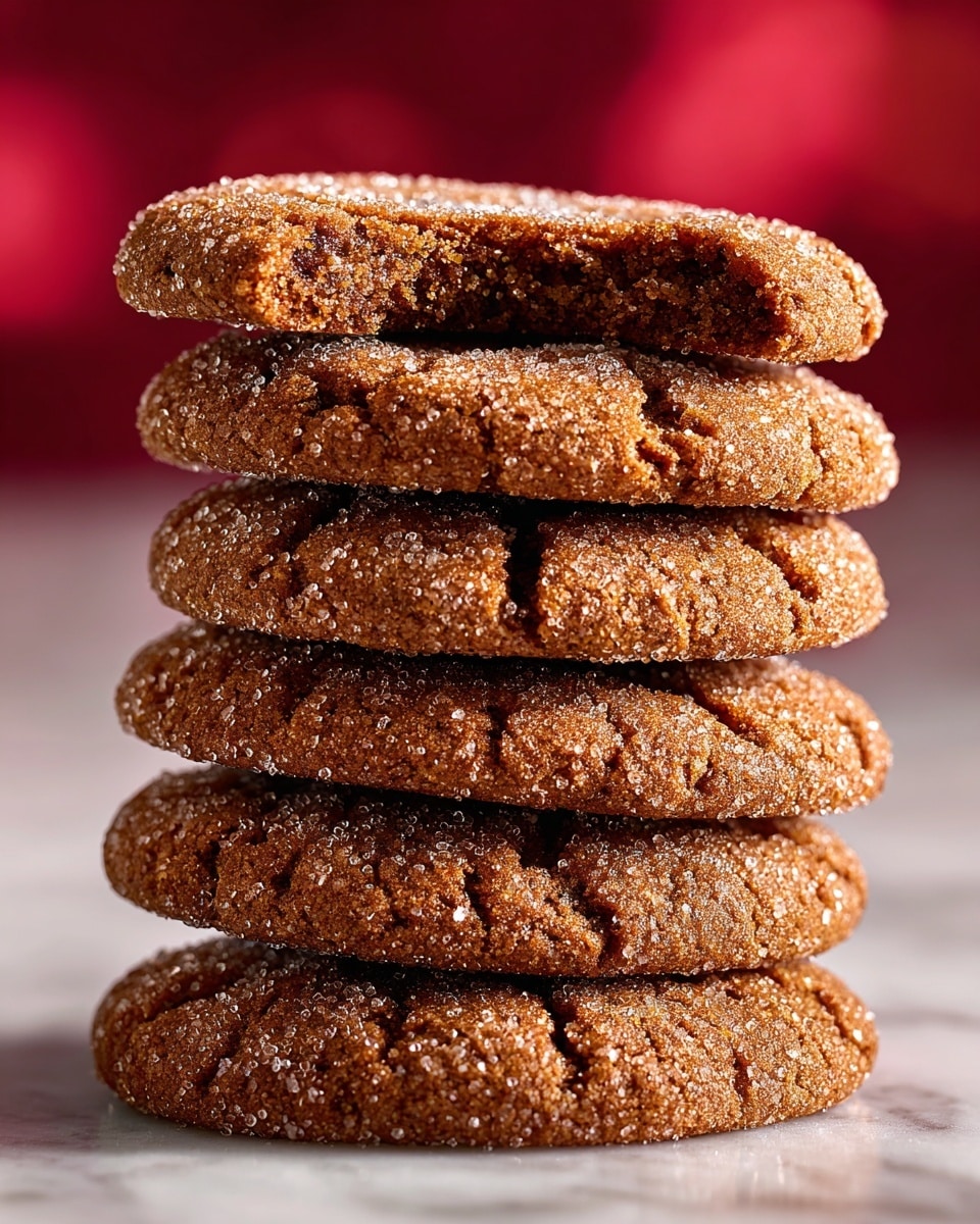 A stack of seven round cookies with a rough, cracked surface covered with sugar crystals is shown, each cookie having a light brown color with darker spots. The top cookie has a bite taken out, showing a slightly soft and chewy inside with a crumbly texture. The cookies are stacked closely, and the background is a soft red with blurred red shapes. The surface underneath the cookies is white marbled. photo taken with an iphone --ar 4:5 --v 7