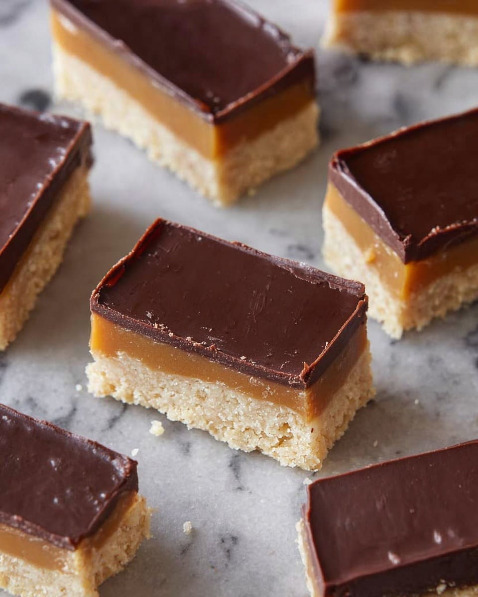 The image shows several rectangular dessert bars with three clear layers. The bottom layer is light beige, crumbly and rough-textured, forming a thick base. The middle layer is a smooth, golden caramel, thinner than the bottom layer, sitting evenly on top. The top layer is glossy, dark chocolate, about the same thickness as the caramel, with smooth swirls and a shiny finish. The bars are arranged on a gray metal surface with some crumbs around. Photo taken with an iphone --ar 4:5 --v 7