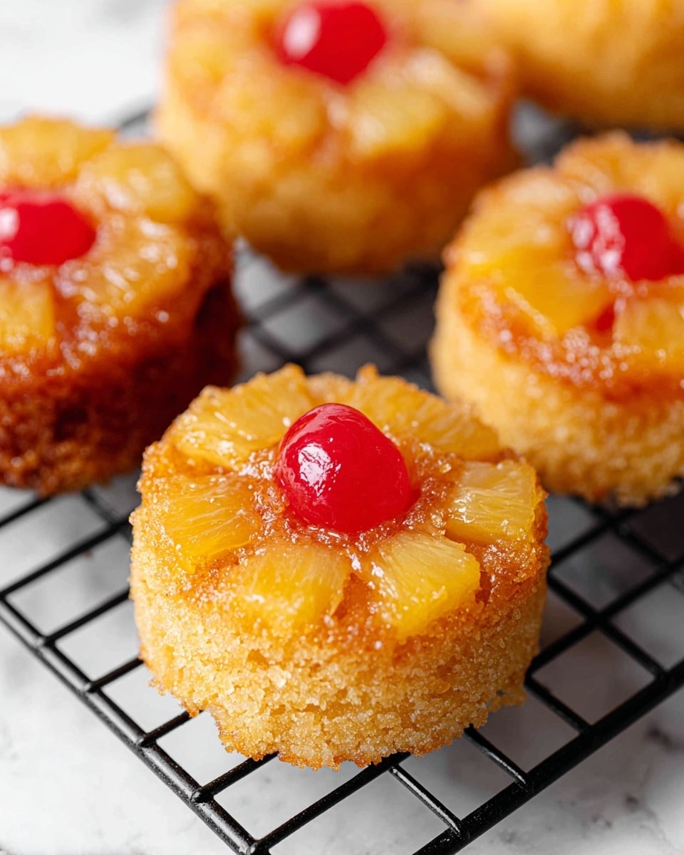 The image shows several small round cakes with a golden brown, slightly crispy top layer. Each cake has a shiny red cherry placed in the center of the top layer. The cakes have a soft, spongy texture on the sides and underside, with some crumb detail visible. They sit on a black metal cooling rack, which contrasts with the white marbled surface below. The focus is on the closest cake, with others softly blurred in the background and out of focus around the edges. photo taken with an iphone --ar 4:5 --v 7