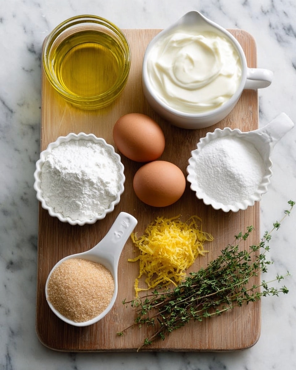 The image shows a wooden board on a white marbled surface with several cooking ingredients neatly arranged. At the top left, there is a clear glass container filled with golden yellow oil. Next to it is a white measuring cup filled with smooth white cream. Below them, there is a round white bowl holding fine white sugar, while a small scalloped white mold contains white powder. Three brown eggs are placed in the middle of the board, with a small pile of bright yellow lemon zest and two green sprigs of fresh thyme on the right side. At the bottom left, a white measuring cup holds light brown sugar. The colors and textures vary from smooth and creamy to granular and fresh, all presented cleanly and simply. photo taken with an iphone --ar 4:5 --v 7