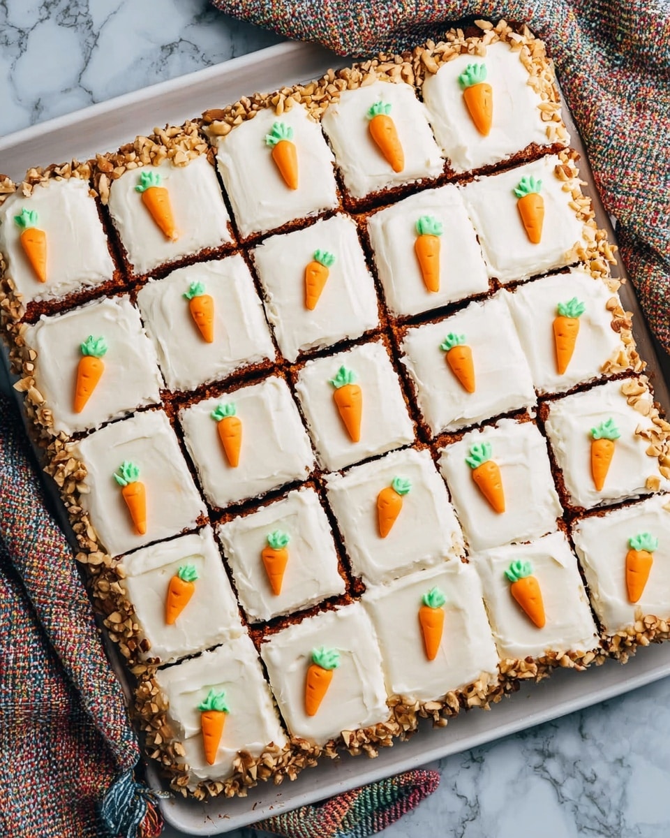 The image shows a rectangular carrot cake divided into 24 square pieces in a white baking pan. Each piece has a smooth white icing layer on top with a small, simple orange carrot decoration with green leaves in the center. The cake edges are bordered with chopped nuts, adding a crunchy texture around the white icing. The cake has two visible layers: a darker brown carrot cake base and a thick white frosting layer on top. The baking pan rests on a white marbled surface with some folded woven cloths in orange and beige colors in the background. Photo taken with an iphone --ar 4:5 --v 7