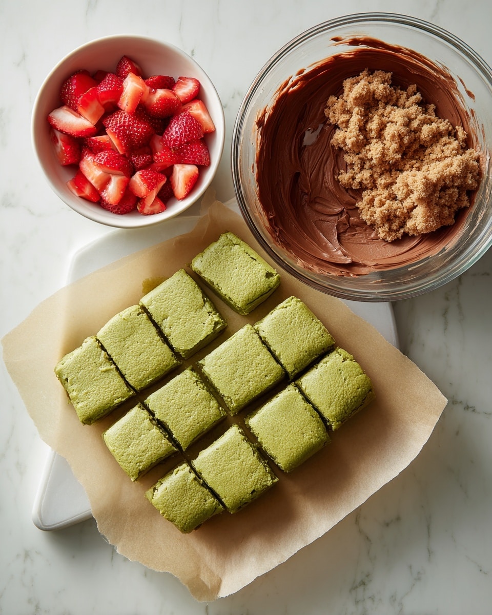 The image shows a white marbled surface with three main food items. On the top right, there is a clear glass bowl with a crumbly light brown mixture. Below it is a white bowl filled with bright red chopped strawberries. On the left side, on a piece of parchment paper, is a large square grid of greenish dough pieces separated by cuts, giving it a blocky look. Above this, a woman's hand holds a large bowl containing thick, smooth chocolate cream, visible inside. The overall scene is clean and bright, with contrasting colors of green dough, red strawberries, brown chocolate, and light brown crumbs. photo taken with an iphone --ar 4:5 --v 7