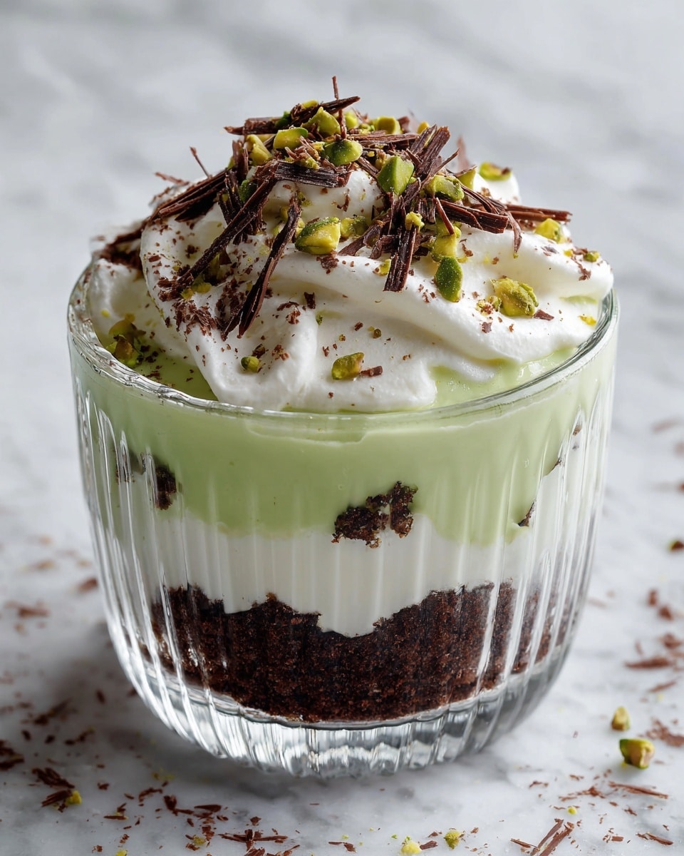 The dessert is presented in a clear ribbed glass bowl with three visible layers: the bottom layer is dark brown and crumbly, the middle layer is a smooth pale green cream, and the top layer is white whipped cream. The whipped cream is garnished with thin brown chocolate shavings and small chopped green pistachio pieces scattered on top. The bowl is placed on a white marbled textured surface with a white embroidered cloth underneath, and part of a tall white candle in a glass holder is visible to the left. Photo taken with an iphone --ar 4:5 --v 7