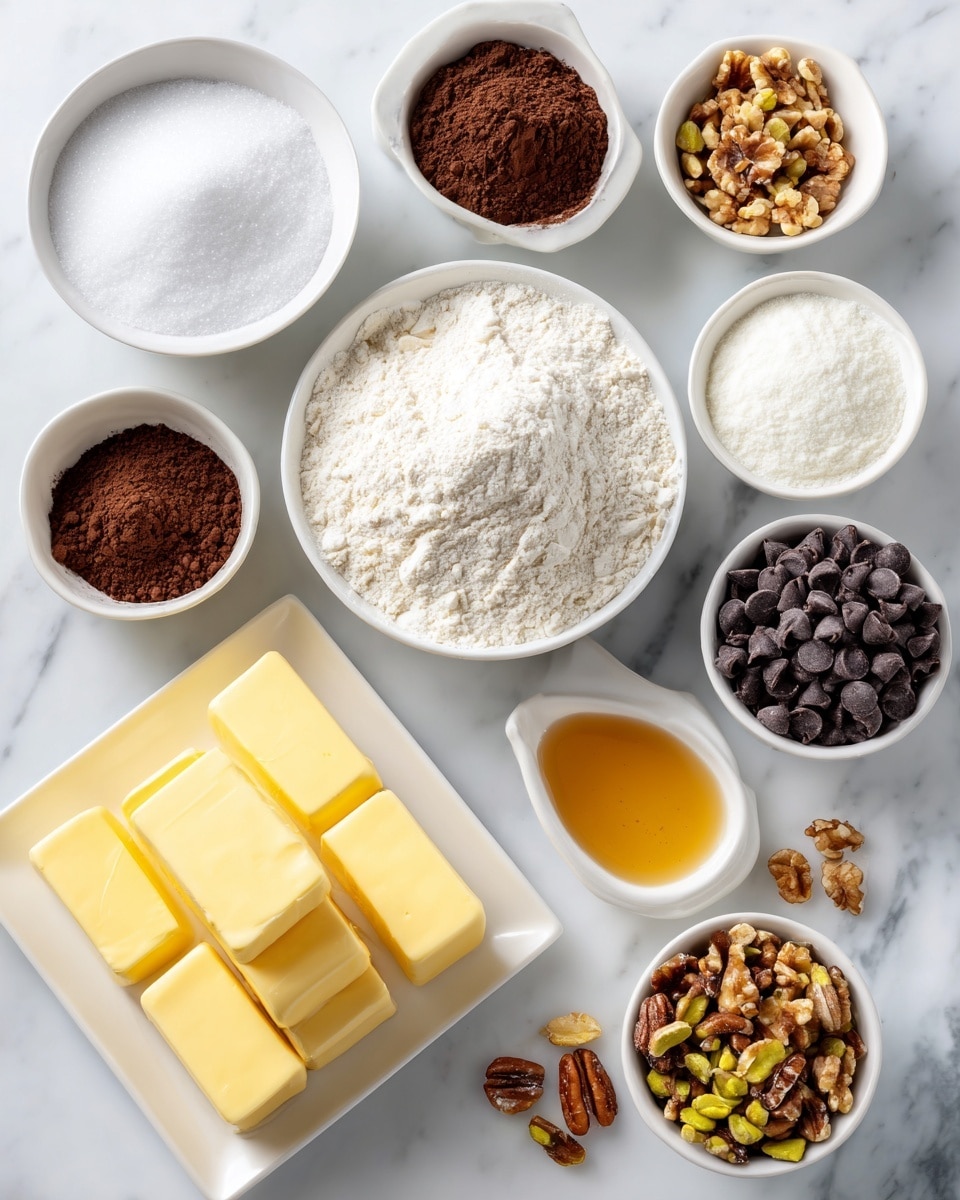 A white bowl at the center is filled with white flour. Surrounding this bowl are eight smaller white bowls on a white marbled surface. Clockwise from the center, there is a bowl of white sugar at the top left, a bowl of white powder at the top right, a bowl with dark brown cocoa powder beneath it, a bowl with dark brown brown sugar below that, a bowl with dark brown chocolate chips at the bottom right, a bowl with mixed brown, yellow, and green nuts above it, a bowl with amber vanilla liquid near the bottom left, and a white square plate with four thick, yellow butter blocks above it. A woman's hand touches the edge of the plate with butter. Photo taken with an iphone --ar 4:5 --v 7