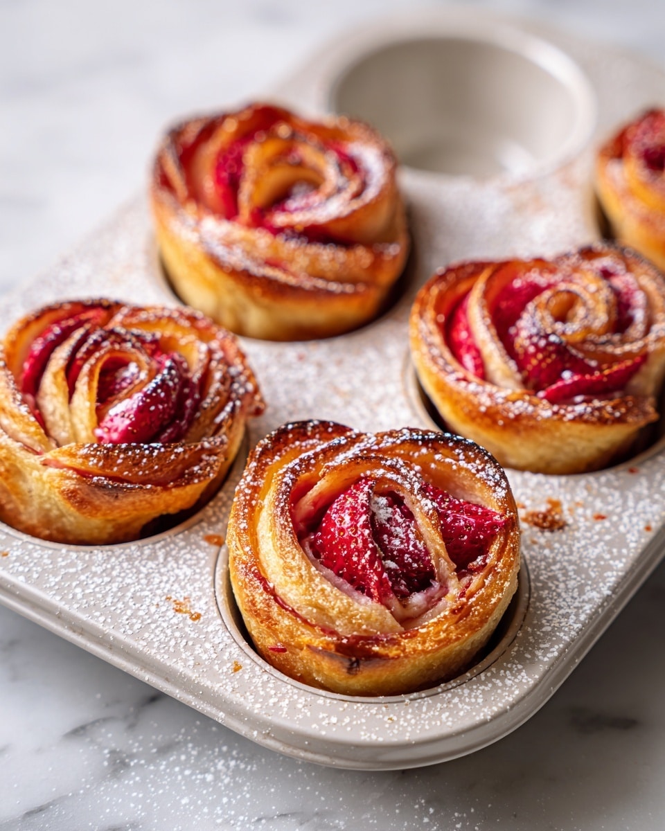 The image shows four baked rolls in a white metal muffin tray placed on a white marbled surface. Each roll has several layers of golden brown, crispy pastry spiraled around bright red strawberry slices, with some darker spots where the fruit has caramelized. The rolls have a dusting of light powdered sugar on top, adding a soft white contrast to the warm pastry colors. The muffin cups have slight crumbs and sugar scattered around them, showing they are freshly baked and still in the tray. photo taken with an iphone --ar 4:5 --v 7